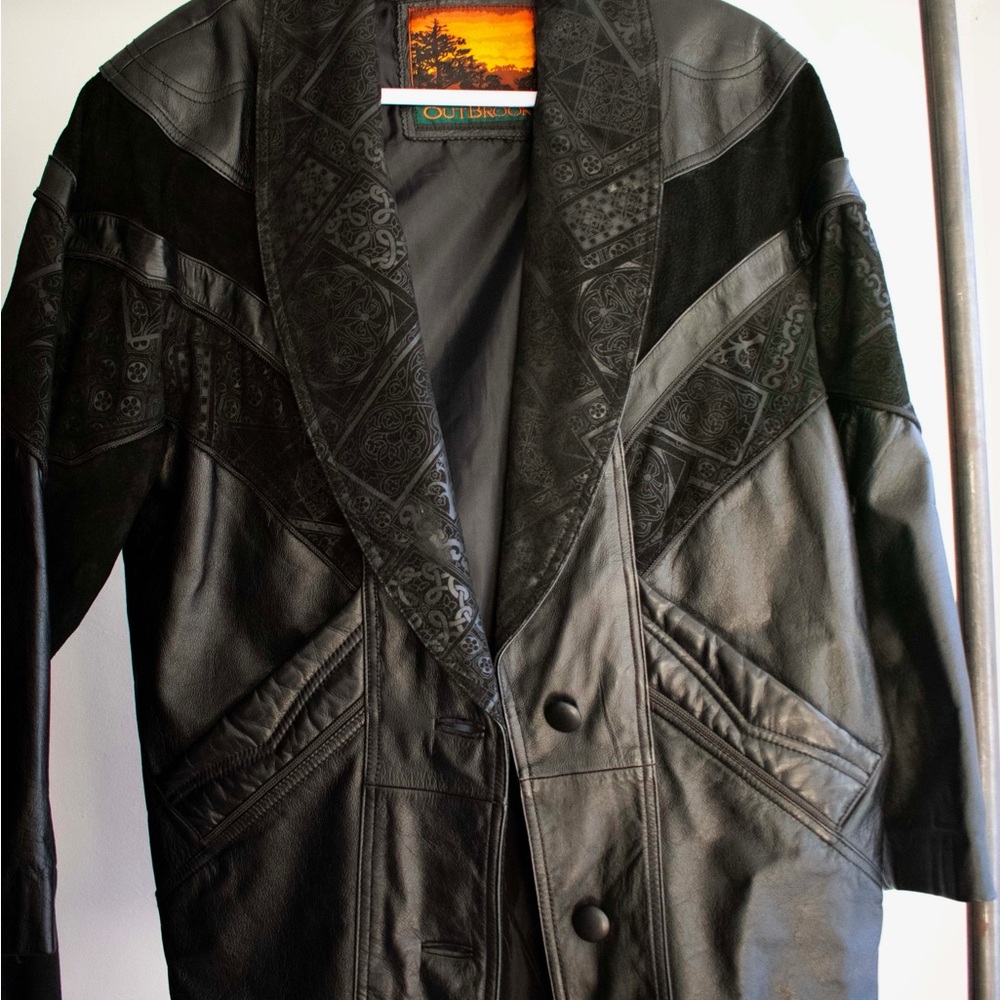 Vintage Outbrook Leather Jacket Medium Black Embossed Patchwork Design